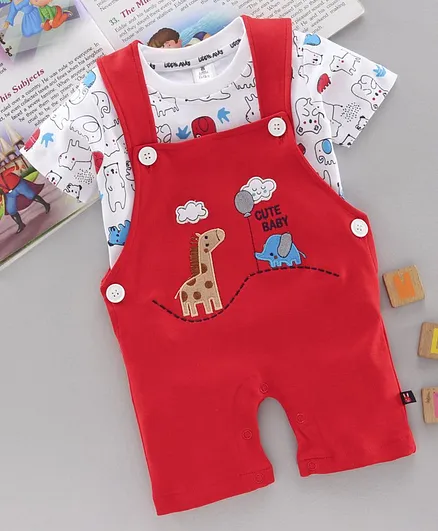 Little Folks Dungaree Romper with Tee Animal Patch - Red