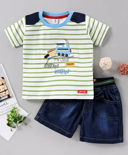 Little Folks Half Sleeves Tee and Shorts Set Engine Print - Green Blue
