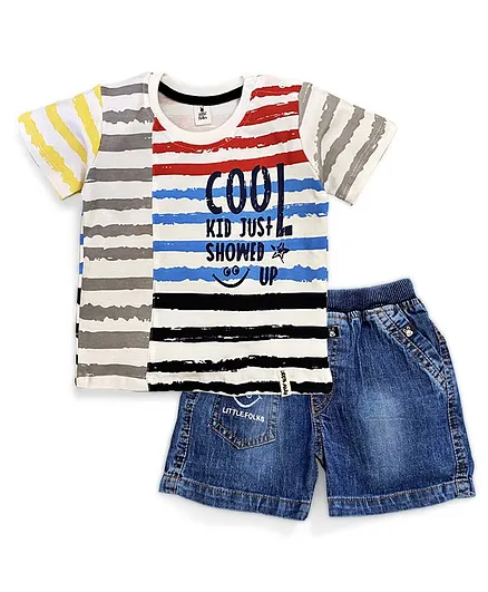 Little Folks Half Sleeves Striped Tee & Denim Shorts - Multicolor