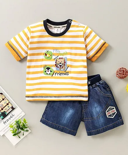 Little Folks Half Sleeves Striped Tee & Denim Shorts - Yellow Blue