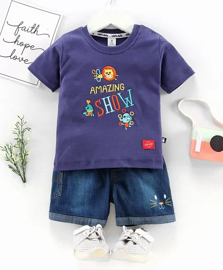 Little Folks Half Sleeves Tee & Denim Shorts Animal Embroidery - Blue