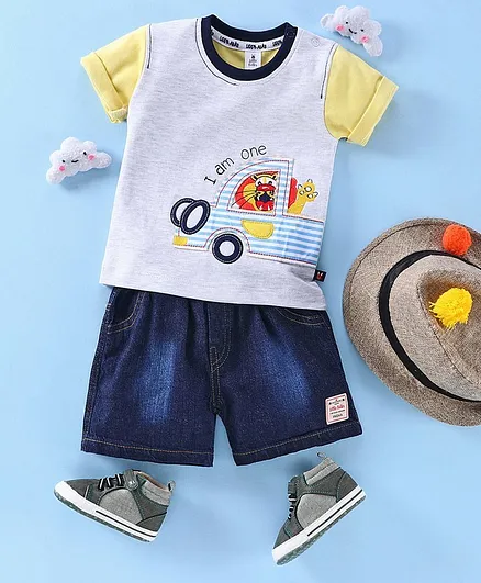 Little Folks Half Sleeves Tee & Shorts Set Animal Embroidery - Grey