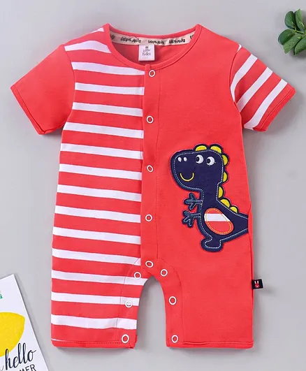 Little Folks Half Sleeves Striped Romper Dino Patch - Red