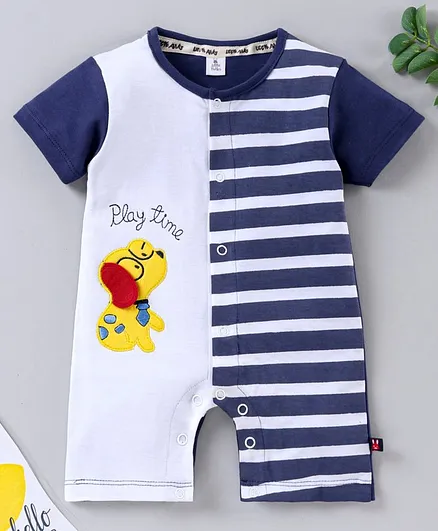 Little Folks Half Sleeves Striped Romper Dog Patch - Blue