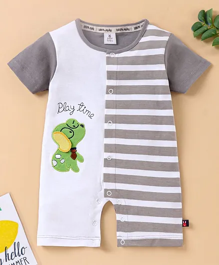 Little Folks Half Sleeves Striped Romper Dog Patch - Grey