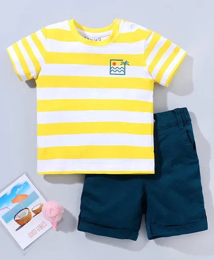 Bloom Up Half Sleeves Striped Tee & Shorts - Lemon Yellow