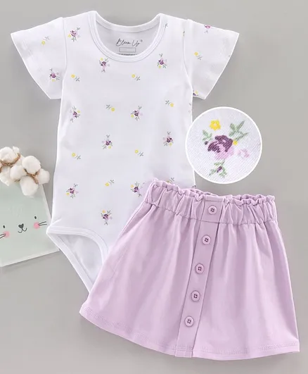 Bloom up Half Sleeves Onesie with Skirt Floral Print - White
