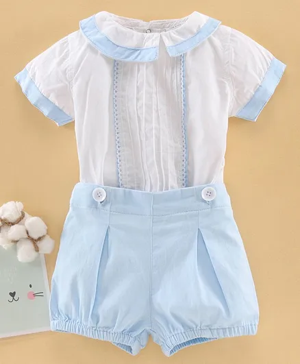 Bloom Up Half Sleeves Tee with Shorts - Blue White