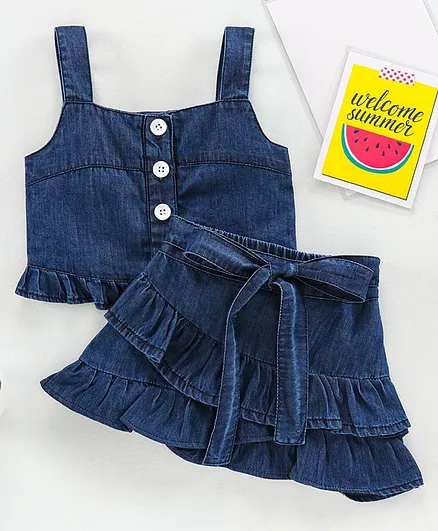 Bloom Up Sleeveless Denim Top & Shorts - Navy White