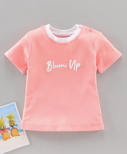 Bloom Up Half Sleeves Tee Text Print - Peach