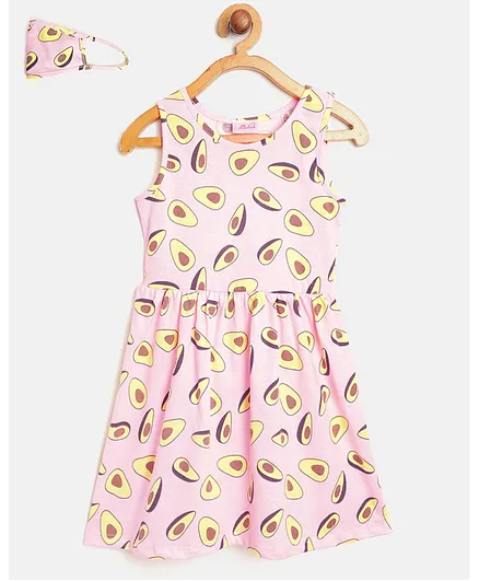 Pspeaches Sleeveless Apricots Print Dress With Face Mask - Pink