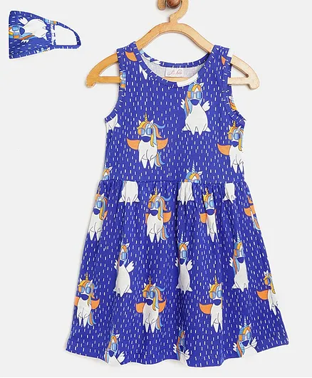 Pspeaches Sleeveless Unicorns Print Dress With Face Mask - Navy Blue
