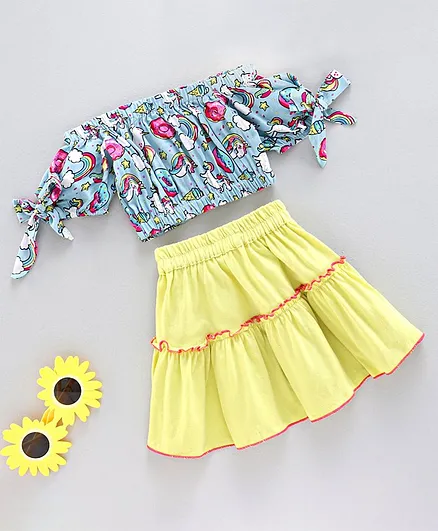 Pspeaches Half Sleeves Unicorn Print Off Shoulder Top With Skirt - Multi Color