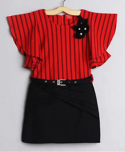 IndiUrbane Flutter Sleeve Stripe and Solid Dress With Corsage and Belt - Red,Black