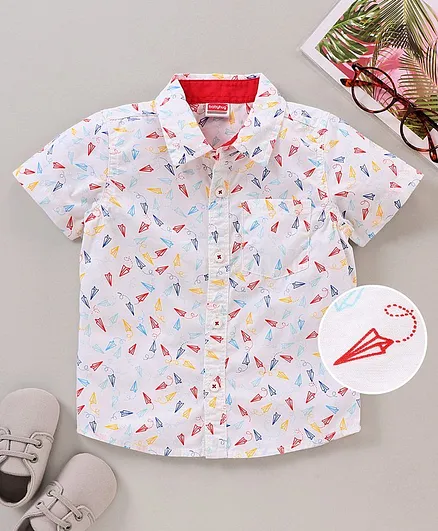 Babyhug Half Sleeves Shirt Paper Plane Print - White