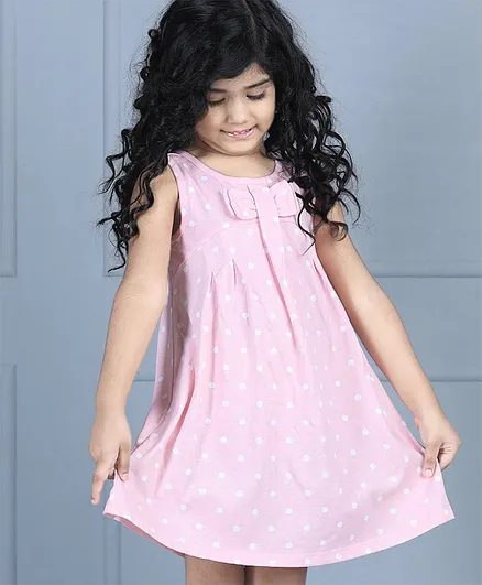 Hola Bonita Sleeveless Polka Dot A Line Frock With Mask Bow Applique - Peach