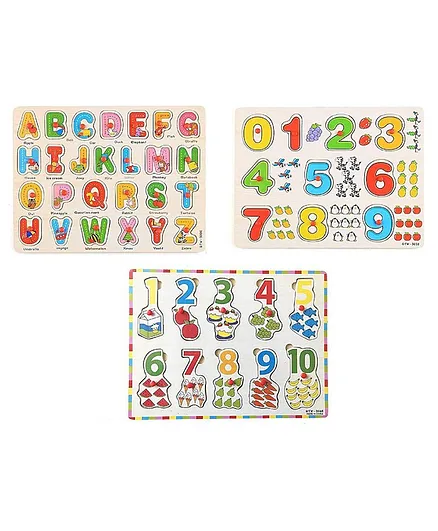 FunBlast Wooden Knob and Peg Alphabet and Number Puzzle Set of 3 - 46 Pieces
