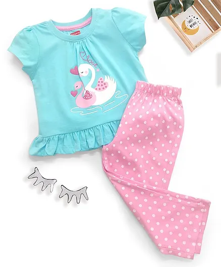 Babyhug Short Sleeves Night Suit Swan Print - Blue Pink