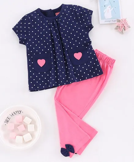 Babyhug Half Sleeves Night Suit Polka Dot Print - Navy Blue