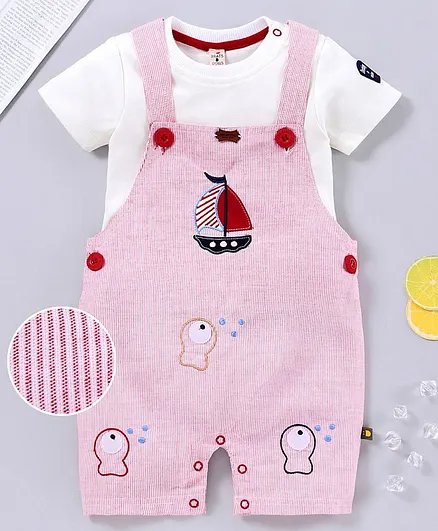 Brats & Dolls Dungaree Romper with Half Sleeves Inner Tee Ship Patch - Red