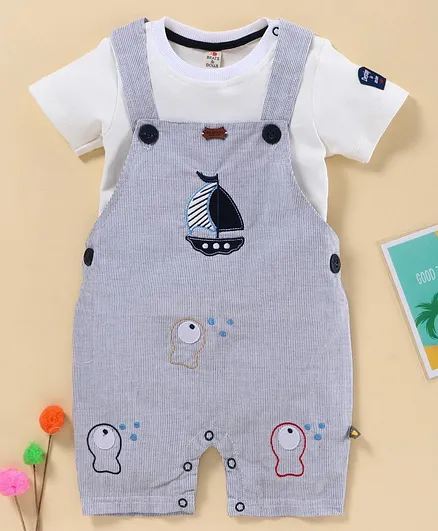 Brats & Dolls Dungaree Romper with Half Sleeves Inner Tee Ship Patch - Blue