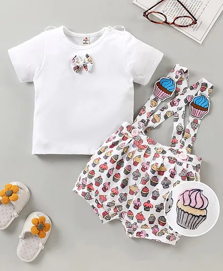 Brats & Dolls Dungaree with Inner Tee Ice Cream Print - White