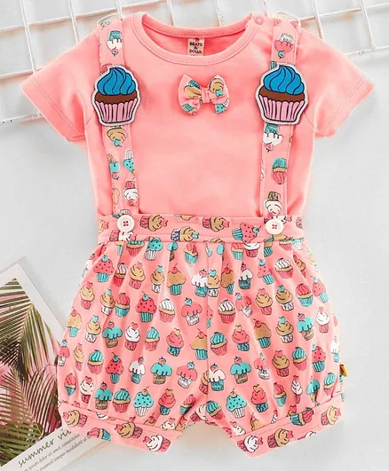 Brats & Dolls Dungaree with Inner Tee Ice Cream Print - Pink