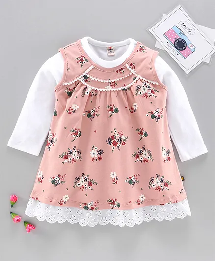 Brats And Dolls Frock With Full Sleeves Inner Tee Floral Print - Peach White