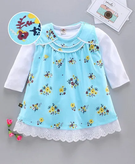 Brats & Dolls Frock with Full Sleeves Inner Tee Floral Print - Blue