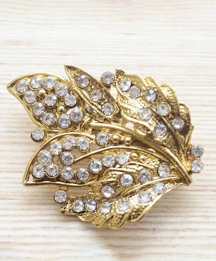 Pretty Ponytails Leaves Design Studded Brooch - Golden