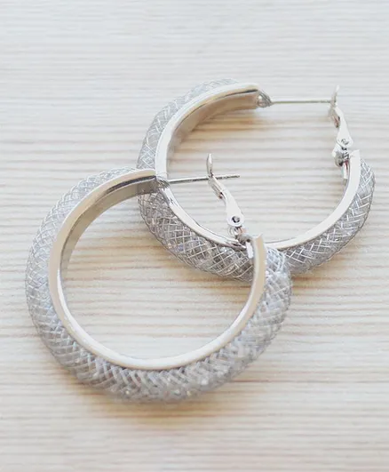 Pretty Ponytails Wire Mesh Crystal Bead Hoop Earrings - Silver