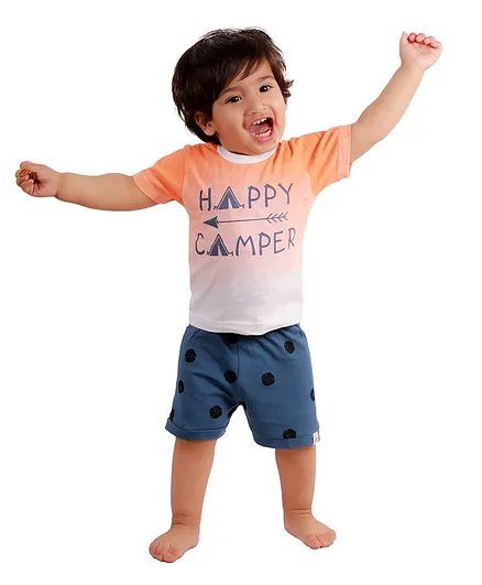 Mumble Jumble Half Sleeves Happy Camper Print T-Shirt With Shorts - Orange