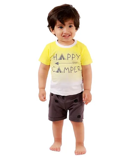 Mumble Jumble Half Sleeves Happy Camper Print T-Shirt With Shorts - Yellow