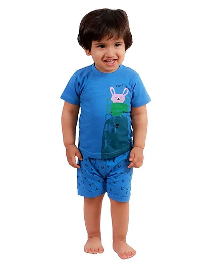Mumble Jumble Half Sleeves Bunny Print T-Shirt With Shorts - Blue