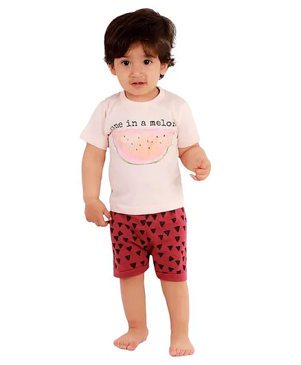 Mumble Jumble Half Sleeves Melon Print T-Shirt With Shorts - Maroon