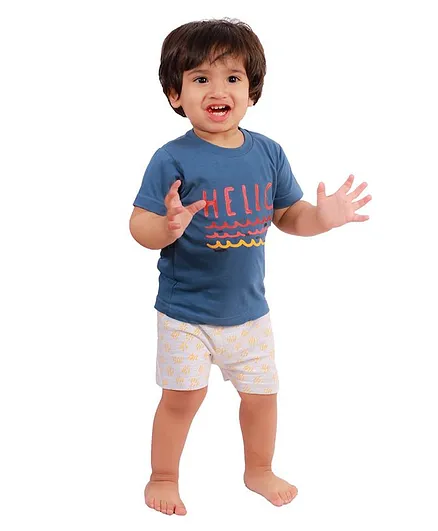 Mumble Jumble Half Sleeves Hello Print T-Shirt With Shorts - Blue