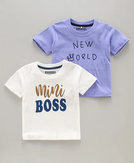 Rikidoos Pack Of 2 Half Sleeves Mini Boss Print T-Shirt - White Blue