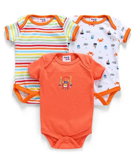 Kidi Wav Striped & Printed Short Sleeves Pack Of 3 Onesies - Orange