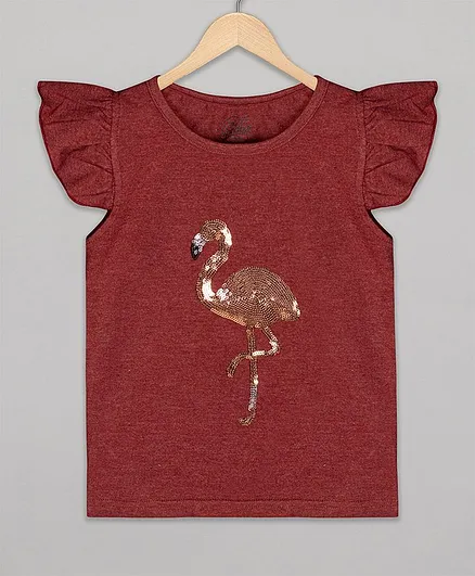 The Sandbox Clothing Co Short Sleeves Flamingo Sequined Tee - Maroon