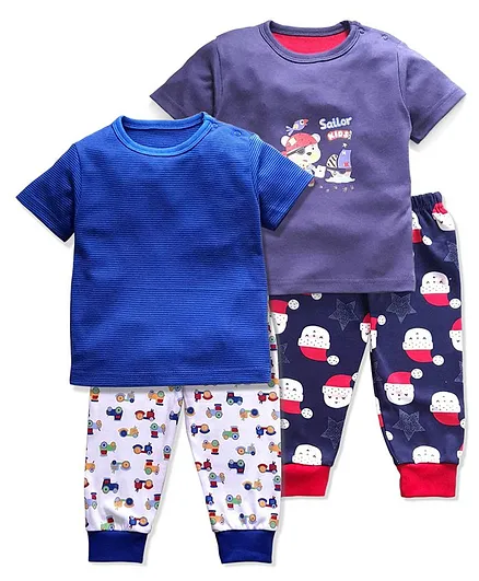 Kidi Wav Pack Of 2 Half Sleeves Santa Claus Print Tees With 2 Lounge Pants - Multicolor