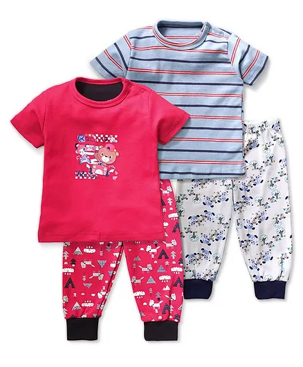 Kidi Wav Set Of 2 Half Sleeves Striped Tee With 2 Lounge Pants - Red