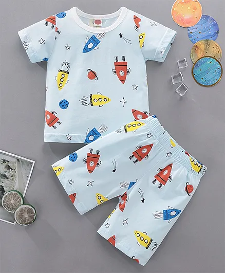 Kookie Kids Half Sleeve Night Suit Space Print - Green