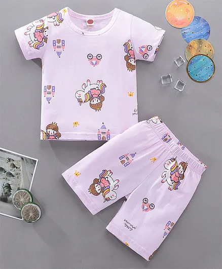 Kookie Kids Half Sleeves Night Suit Unicorn Print - Purple