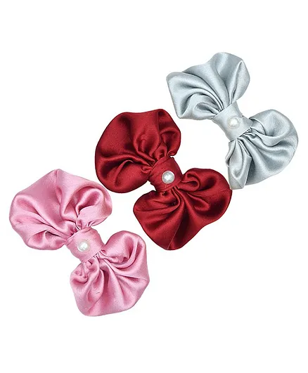 Funkrafts Set Of 3 Satin Bow Hair Clips - Pink Maroon Grey