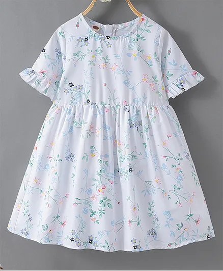 Kookie Kids Half Sleeves Frock Floral Print - Blue