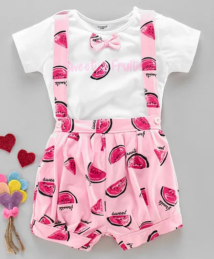 Cucumber Dungaree With Half Sleeves Inner Tee Watermelon Print - Pink