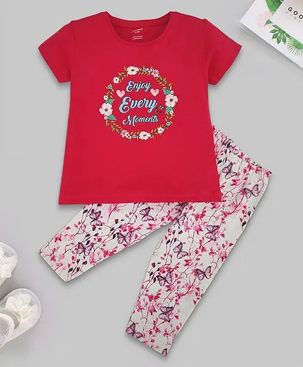Cucumber Half sleeves Top and Leggings Set Floral Print - Red