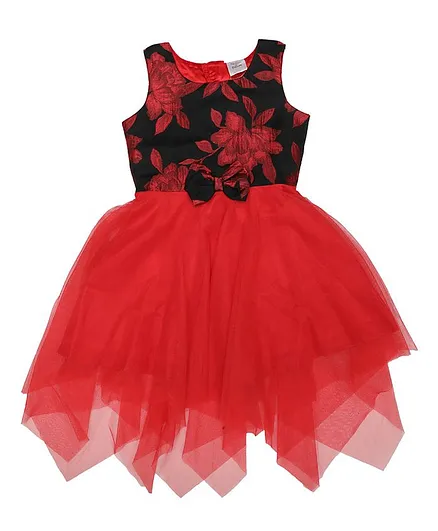 Doodle Girls Clothing Sleeveless Floral Design Asymmetrical Hemline Dress - Red