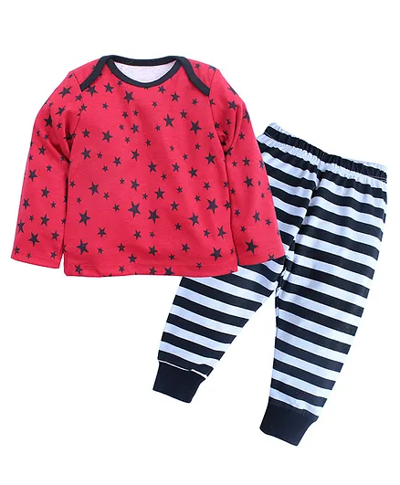 Kadam Baby Full Sleeve Star Print T-Shirt & Pajama Set - Red Black