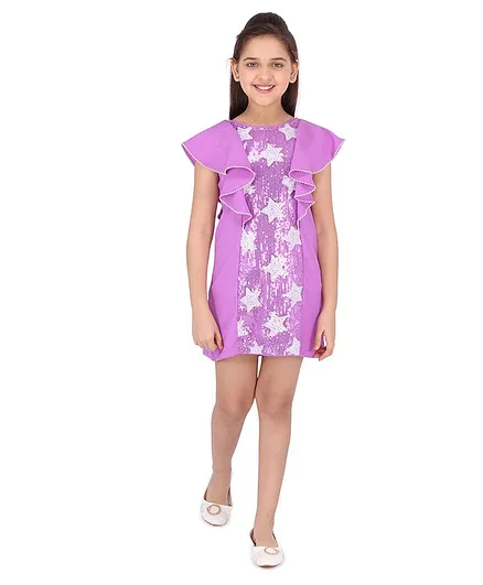 Cutecumber Half Sleeves Star Sequined Dress - Purple